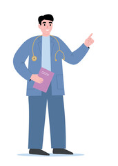 A male doctor in a medical uniform with a stethoscope explains, shows, teaches. Vector flat graphics.