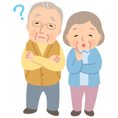 考える表情の老夫婦　悩む　シニア　高齢者　後期高齢者