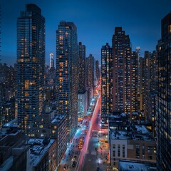 Obraz premium Night view of a city street with skyscrapers and light trails.