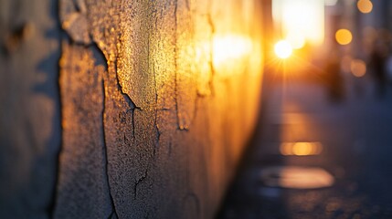 Fototapeta premium Close-up of peeling paint on a wall at sunset.