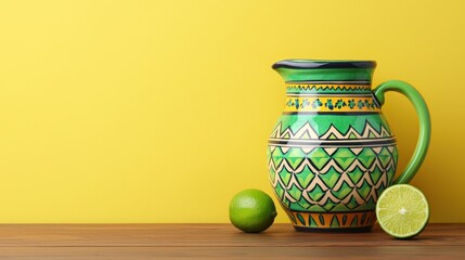 Colorful margarita pitcher with limes on wooden table against yellow background