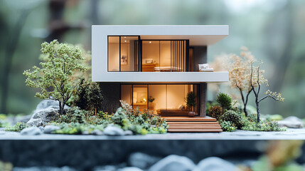 A charming minimalist house model symbolizes simplicity, serenity, and modern elegance. The soft color palette evokes calmness and warmth, while the blank space suggests potential, freedom, and new be