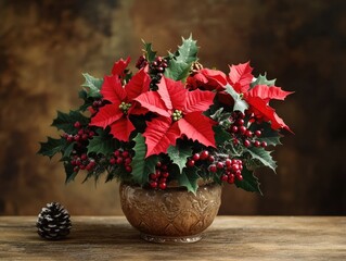 Naklejka premium A poinsetta plant in a pot, featuring red flowers and berries with green foliage. It's a festive holiday decoration.