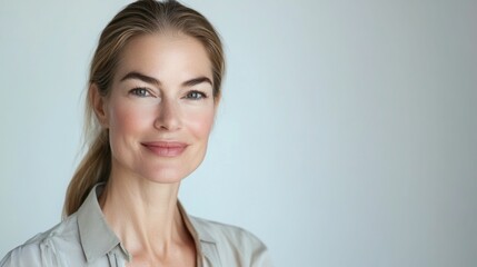 Obraz premium studio portrait of beautiful caucasian woman 40-45 years old with blond hair smiling looking at camera, white background, copyspace