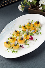 Molecular cuisine gourmet mango honey juice simulated preserved egg