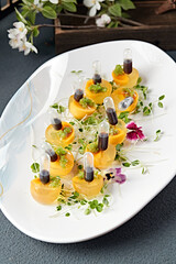 Molecular cuisine gourmet mango honey juice simulated preserved egg