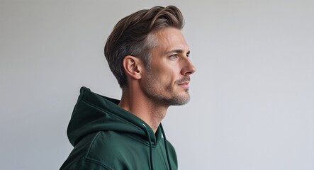 Fototapeta premium Caucasian guy dark green hoodie middle age side view portrait on plain white background