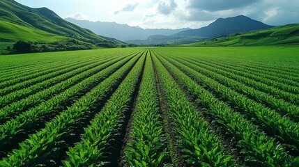 Lush green farmland rows, mountain backdrop, sunny day, agricultural landscape