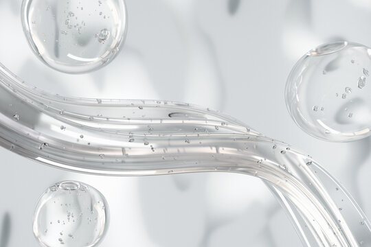 Abstract 3d splash of liquid, water drops, molecules with bubbles on gray background. Concept of cosmetics, science, and medicine. Pattern, template for products, designs, place for text. - Powered by Adobe