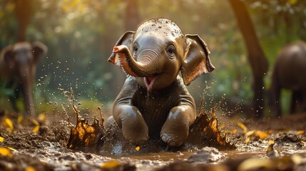 Playful baby elephant splashing in mud puddle, happy expression, sunlight, forest background.
