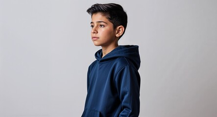 Obraz premium Hispanic boy navy blue hoodie young teen side view portrait on plain white background