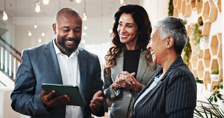 Business, people and laugh in meeting on tablet for communication, planning event and schedule...