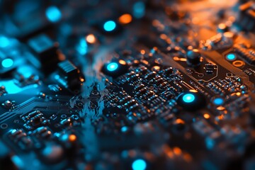 Fototapeta premium Close-up of illuminated circuit board with components and wiring.