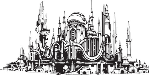 Futuristic City landscape. Different buildings on street, outline cityscape hand sketch, flat houses. Hand drawn vector illustration