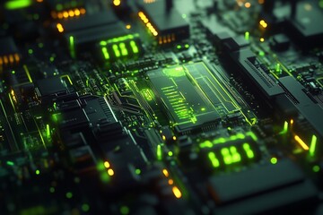 Fototapeta premium Close-up of a futuristic circuit board with glowing green and orange components.