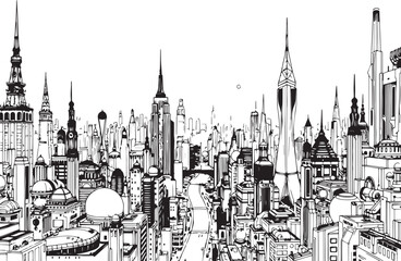 Futuristic City landscape. Different buildings on street, outline cityscape hand sketch, flat houses. Hand drawn vector illustration
