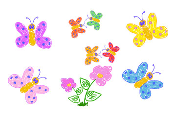 Playful hand-drawn butterflies in bright colors fluttering around pink flowers on a white background. A set of butterflies.