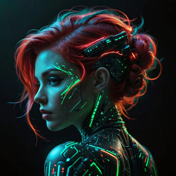 High-tech girl. Concept of AI of the future, wearable AI devices. Cybernetic of the future.