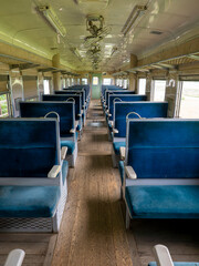 Fototapeta premium 古い鉄道車両の室内、旧幸福駅、北海道 / Interior of old railway car , Former Koufuku Station , Hokkaido