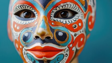 Naklejka premium A vibrantly painted face mask featuring intricate patterns and colors, showcasing traditional artistry.