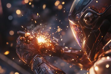 Futuristic cyborg welder sparks fly during intense metalwork.