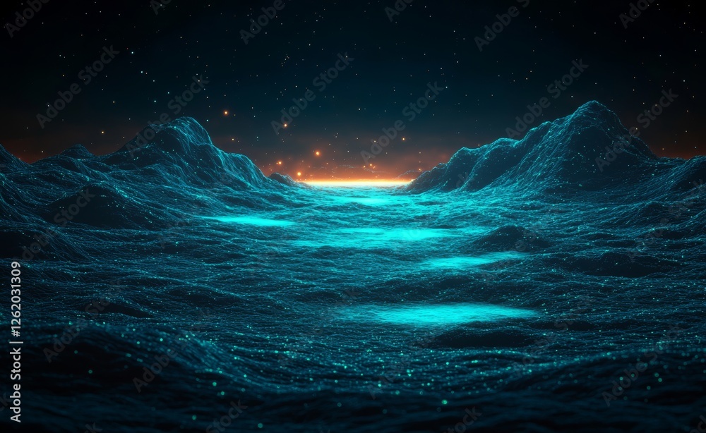 Poster a visually dynamic abstract wave of moving dots and lines, showcasing the flow of particles and cybe