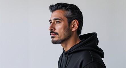 Obraz premium Hispanic guy black hoodie middle age side view portrait on plain white background