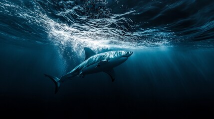 Fototapeta premium Great white shark underwater, sunlit waves.