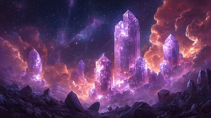 Crystalline Sky: Glowing purple crystals pierce the night sky, bathed in the warm glow of a distant nebula. They rise above a rugged landscape.
