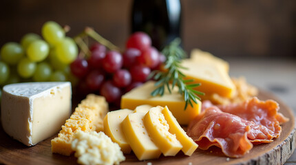 A delicious arrangement of various cheeses, fresh grapes, prosciutto and wine, creating an elegant display for a gourmet gastronomic experience.