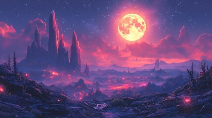 Fototapeta premium Crimson Moon over Fantasy Realm: A breathtaking digital painting of a fantastical landscape bathed in the crimson glow of a giant full moon. Mysterious towers pierce the night sky.