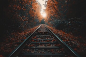 Naklejka premium Railroad tracks vanish into autumnal forest tunnel, sunlight at end.