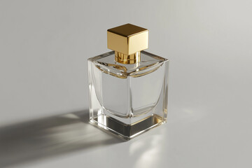 A Crystal-Clear Perfume Bottle with Golden Detailing Against a Soft Gray Backdrop.