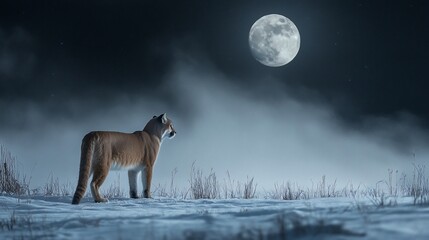 Naklejka premium Cougar standing in snowy field at night, gazing at full moon.