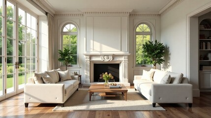 Fototapeta premium Sunlight streams through large windows illuminating a luxurious living room with elegant sofas and a classic fireplace