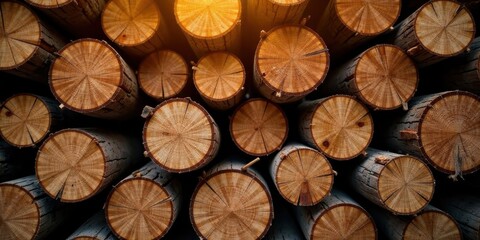 Fototapeta premium A Stack of Natural Wood Logs Showing Circular Cross Sections with Sunlit Texture