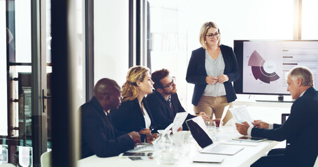 Woman, speaker and graphs at meeting in office with monitor, questions and consumer expansion...