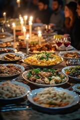 Fototapeta premium Warmly lit table with traditional family holiday dinner. Variety of meat, vegetables and bread, all served on white plates.