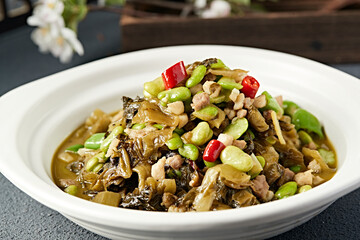 Braised Snow Vegetables with Rice Pepper, Broad Beans and Minced Pork