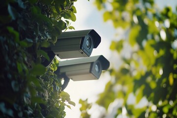 Two security cameras mounted on a tree trunk, partially hidden by green leaves.