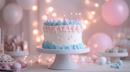 gender reveal cake mockup, white frosting with customizable topper, pastel pink and blue decorations