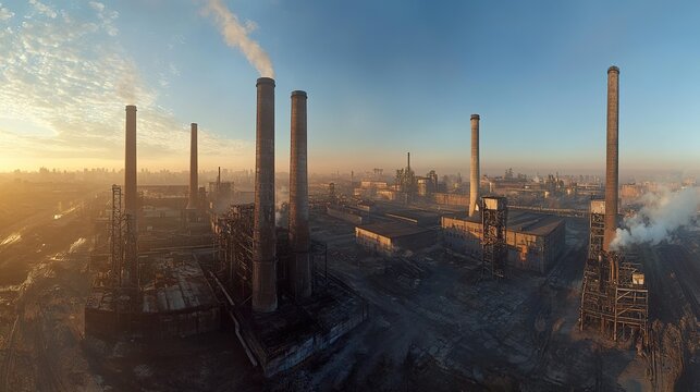 Sunrise over industrial plant, smokestacks emitting pollution, urban background.  Industrial landscape photo for environmental reports
