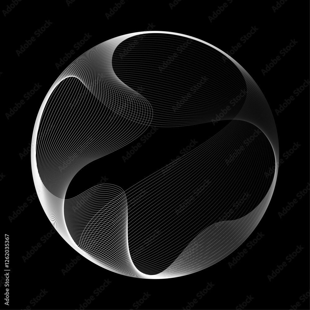Poster Abstract vector round shape of wavy lines flowing smooth curve white line on black background in concept of technology, science, music, modern.