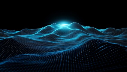 Glowing blue digital landscape; dark background; tech presentation