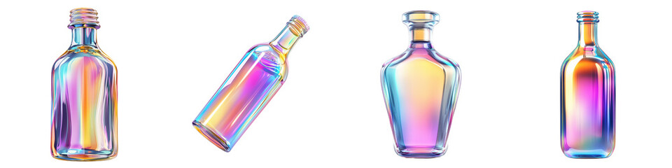 Colorful Glass Bottles with Iridescent Finish in Various Shapes, isolated on transparent background.