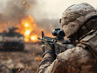 Fototapeta premium A soldier in a war-torn battlefield aims a rifle amidst destruction, with ruins and fire in the background, depicting intense combat and survival in a post-apocalyptic or military conflict setting