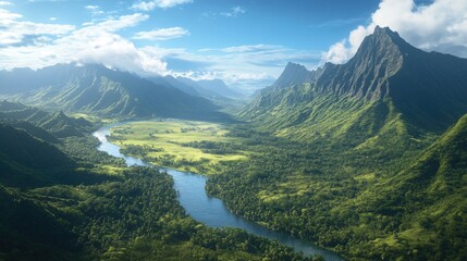 Fototapeta premium Majestic waterfall cascading through lush tropical forest and valley, with towering mountain peaks in the distance.
