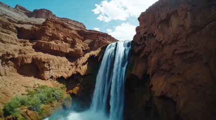 Waterfall flowing through canyon rocks under blue sky. Natural landscape
