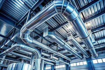 Obraz premium Industrial Interior: Shiny Silver Ventilation Pipes Hanging from High Ceiling