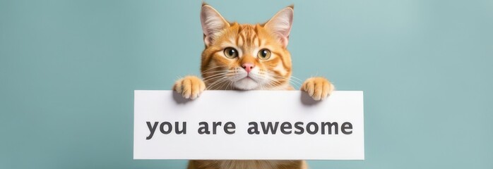 Ginger cat holding banner with you are awesome written on blue background with copy space